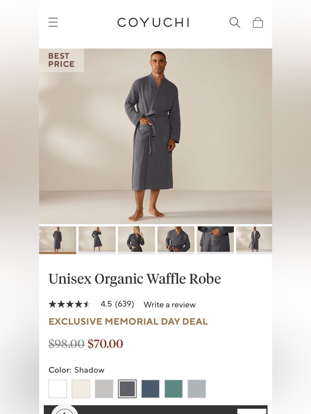 Coyuchi Unisex Organic Waffle Robe - Camel L/XL - Picture 2 of 6